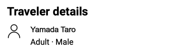 Booking.com の予約詳細。Traveler details に Yamada Taro と表示されている